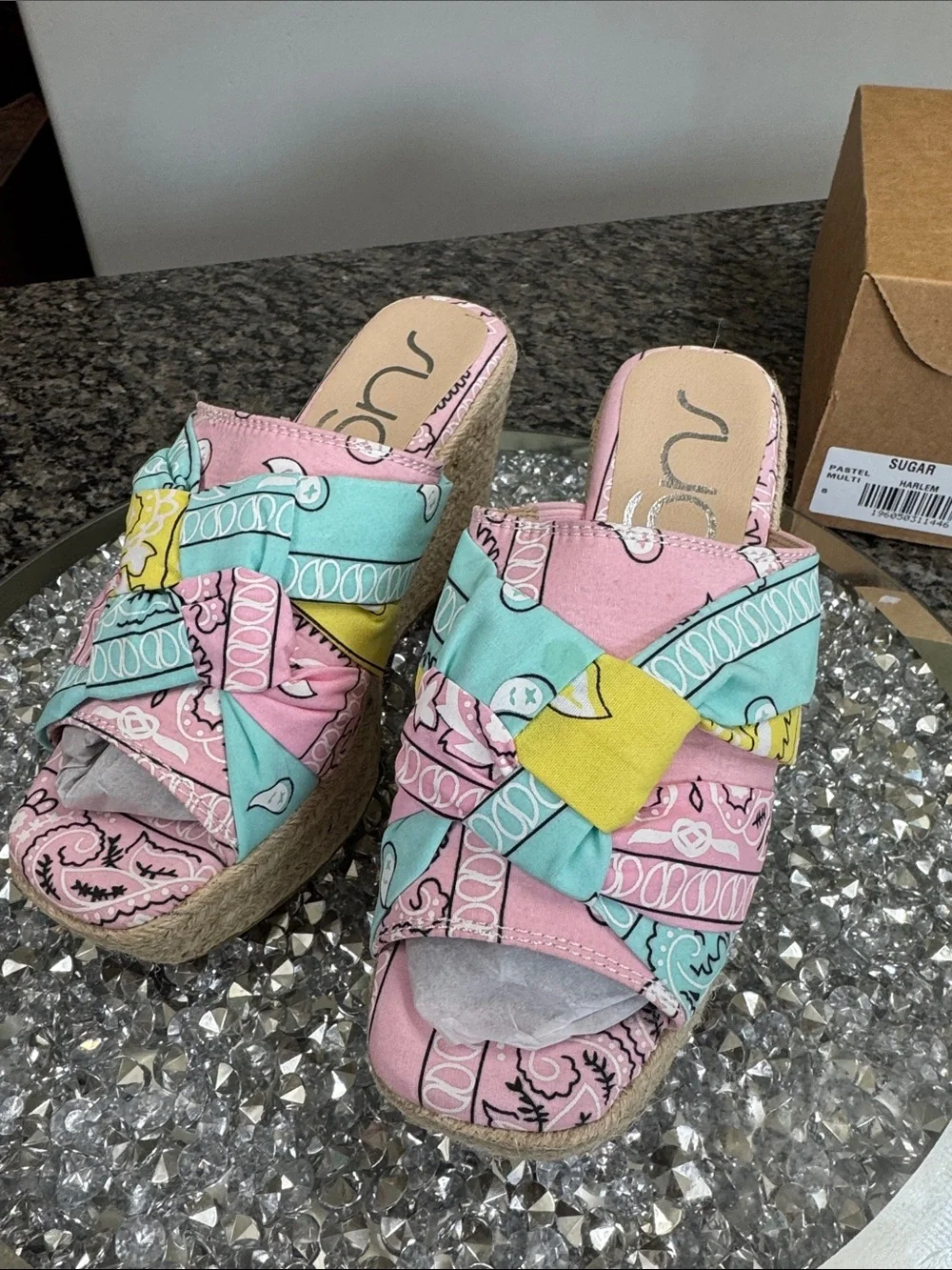 Sugar Bandana-Print Rope Wedge espadrilles Slides in NWT 6